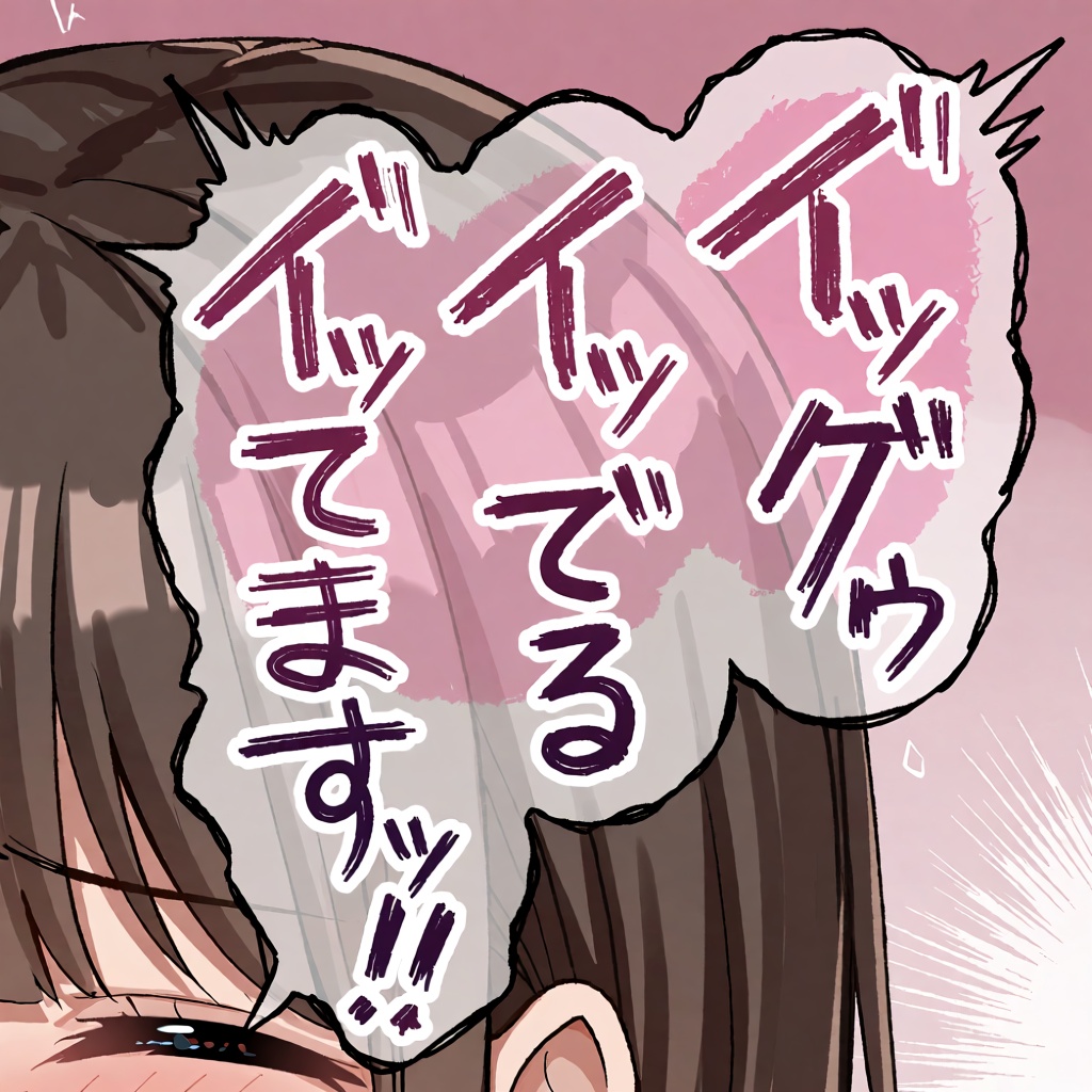 吹き出しの手書き文字をクローズアップしたイラスト 女性の頭部の周りに3つの文章が繋がった1つの細かいトゲトゲの吹き出しがあり "イ”ッグゥ" "イ”ッでる" "イ”ッてま”すッ!!" と書かれている 文字の周りはピンクの背景色になっている 手書...