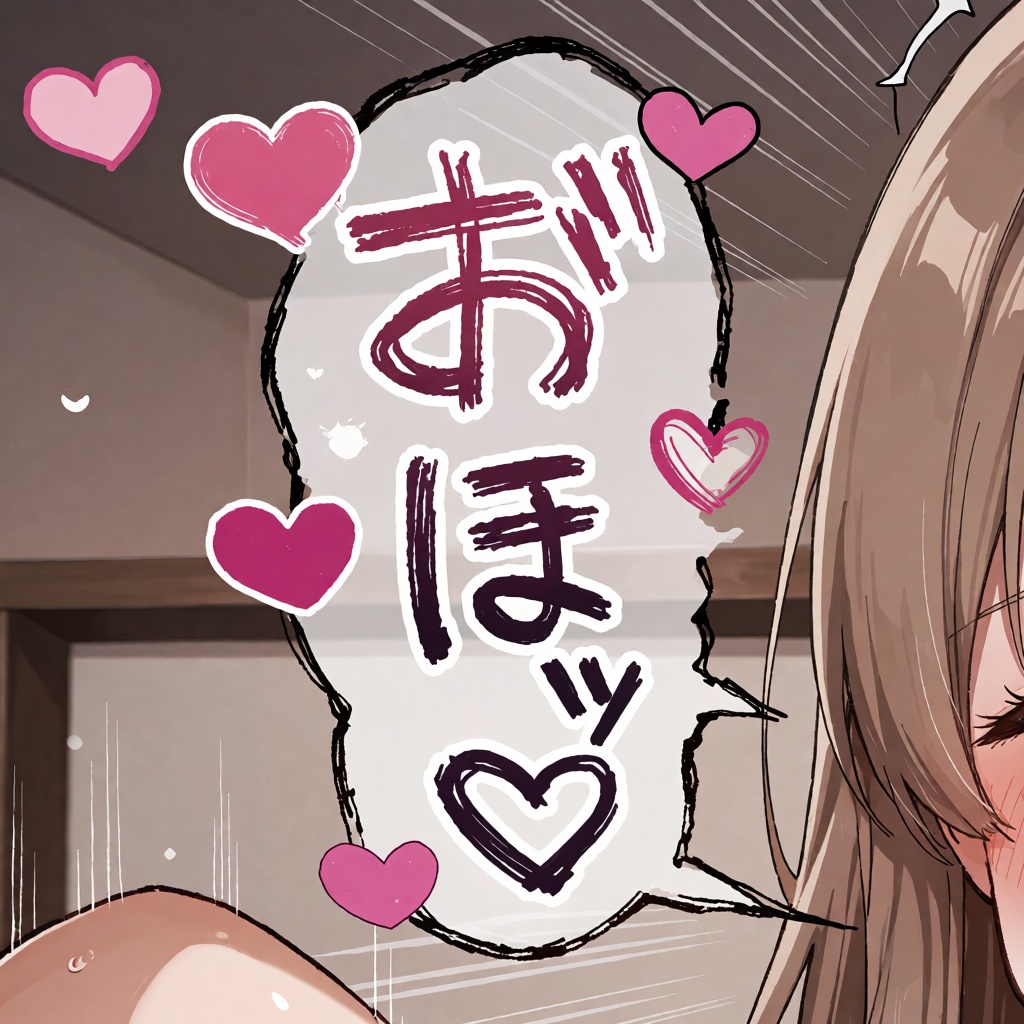 吹き出しの手書き文字をクローズアップしたイラスト 左に伸びた吹き出しに複数の種類のハートが添えられ大きな文字で "お”ほッ♡" と書かれている @handwritten_speech_bubble_94255 on Tensor.Art