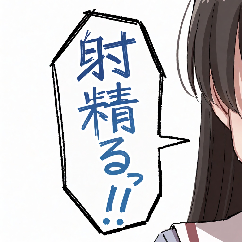 吹き出しの手書き文字をクローズアップしたイラスト 六角形の吹き出しに青い文字"射精るっ!!" 画面内に人物は描かれておらず、シンプルな白背景@handwritten_speech_bubble_94255 on Tensor.Art