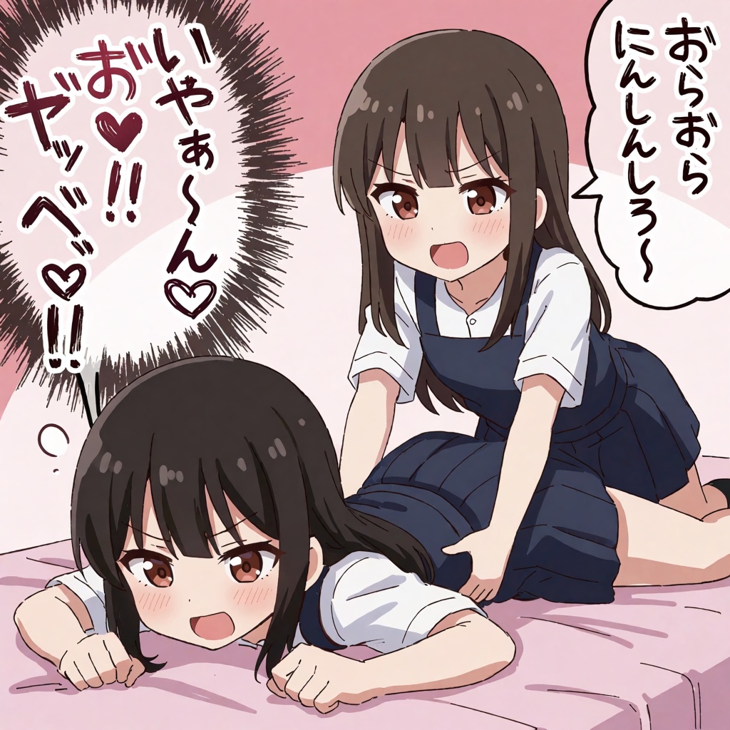 The text in the speech bubbles is rendered in handwriting. The girl on the right firmly grips the other girl's waist and m...
