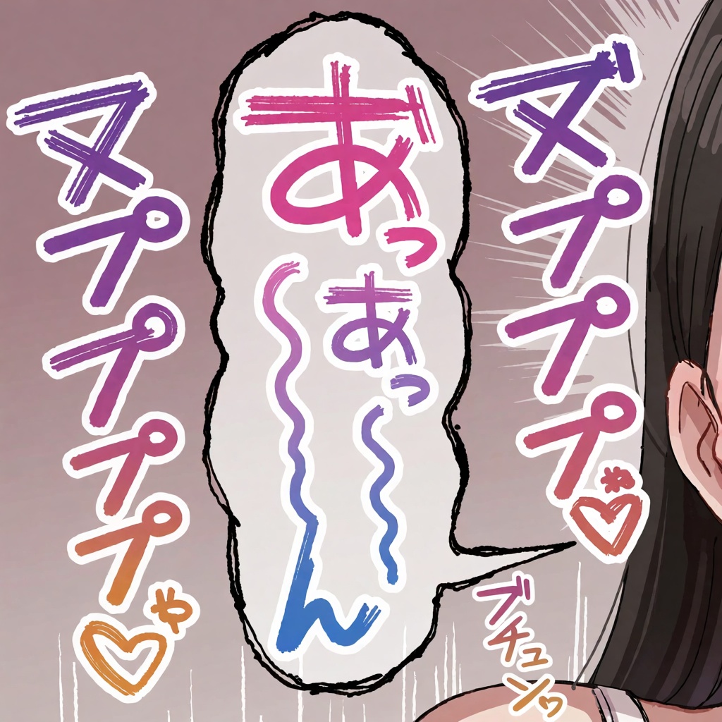 吹き出しの手書き文字をクローズアップしたイラスト ピンクと青のグラデーションの文字色の手書き文字のふにゃふにゃの輪郭線の吹き出し "あっあっ～～～～～ん" 複数の長音はふにゃふにゃの一筆書きで表現されている 紫とオレンジのグラデーションの効果音...