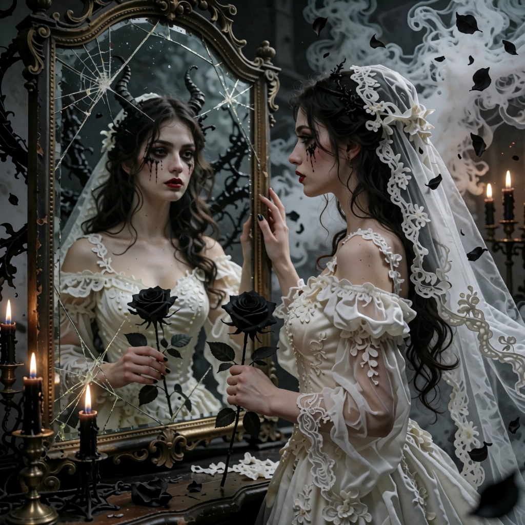 Close-up surrealistic hyper-realistic portrait of a beautiful curvy gothic bride with red lips and a stitched face,  gazin...