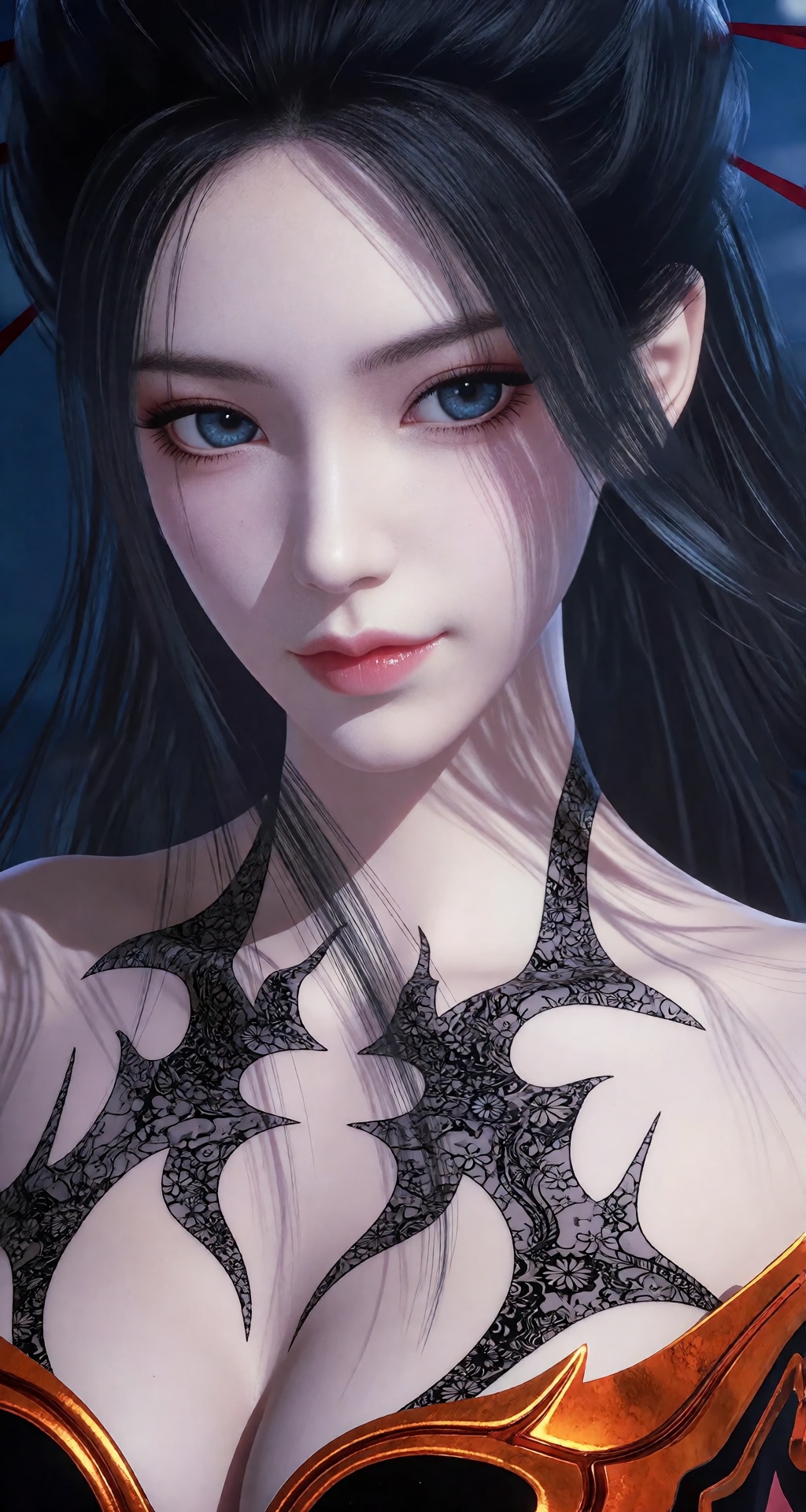 一位美丽、肤色白皙的女性,  她有着长而飘逸的黑发,  头发上装饰着红色丝带。她有一双引人注目的蓝色眼睛 by 让AI更感性 on Tensor.Art