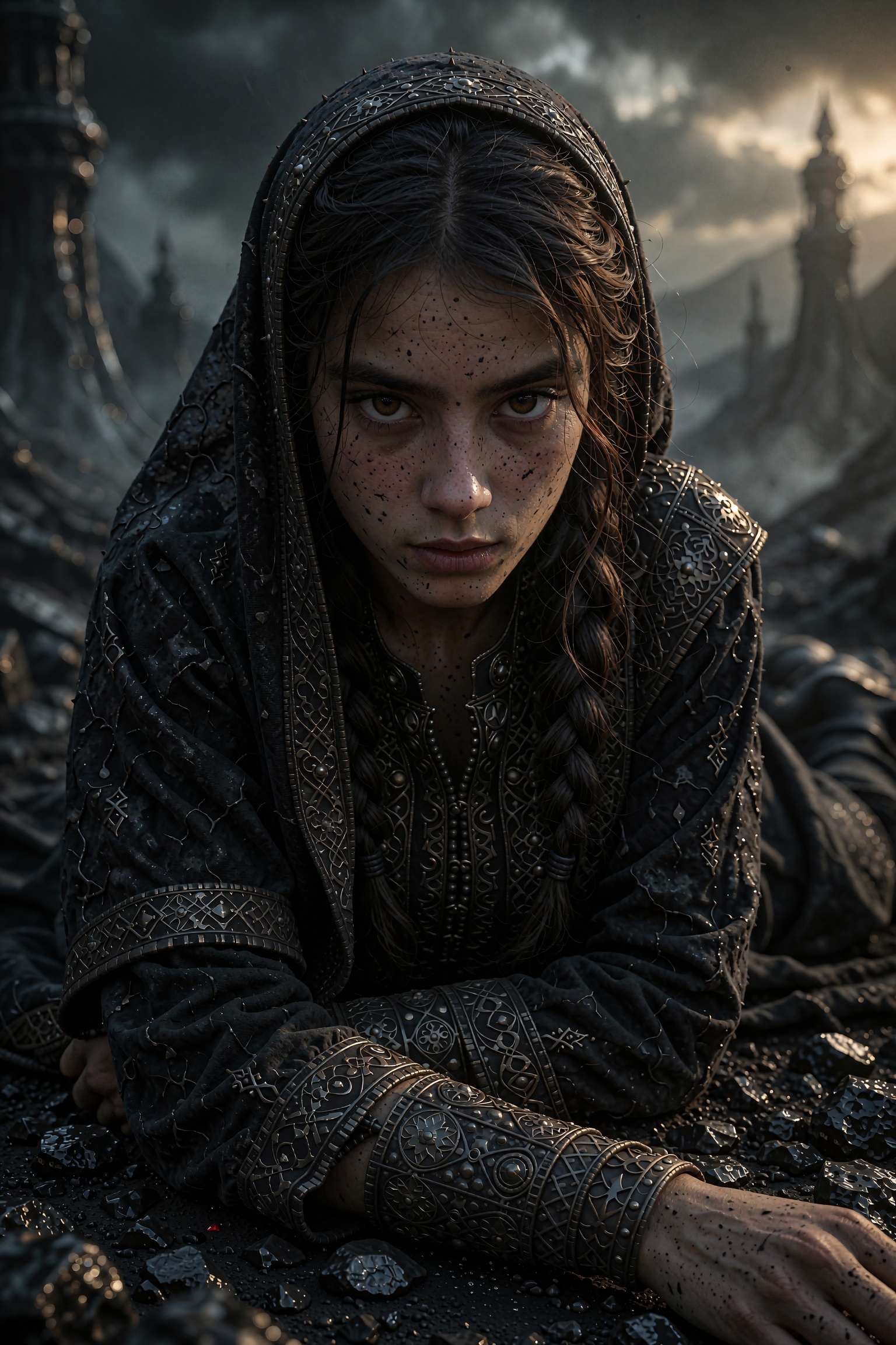 A hyper-realistic,  highly detailed close-up photograph of a striking young woman framed against a bleak and ominous lands...