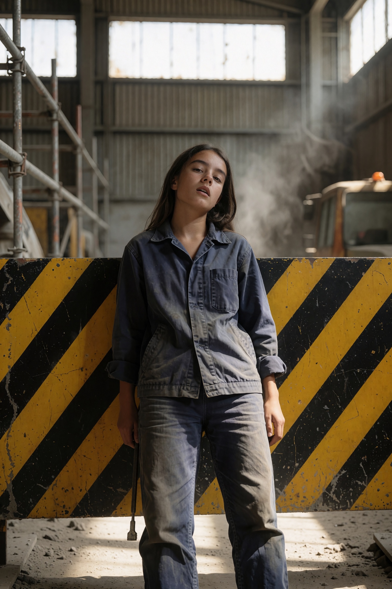 A young woman standing amidst a gritty industrial maintenance environment,  bathed in the stark,  flat light of midday fil...