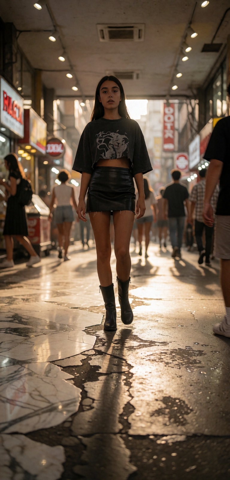 A young woman,  embodying the pinnacle of current street style with a sharp,  tailored leather microskirt hugging her hips...
