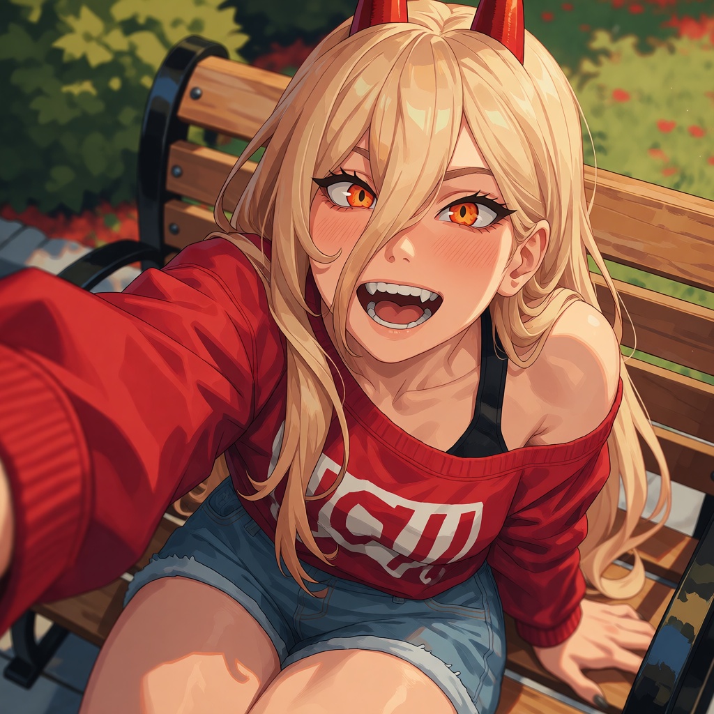 A vibrant cell shaded cartoon style depiction of Power from Chainsawman. She's a long haired,  blonde woman with red horns...
