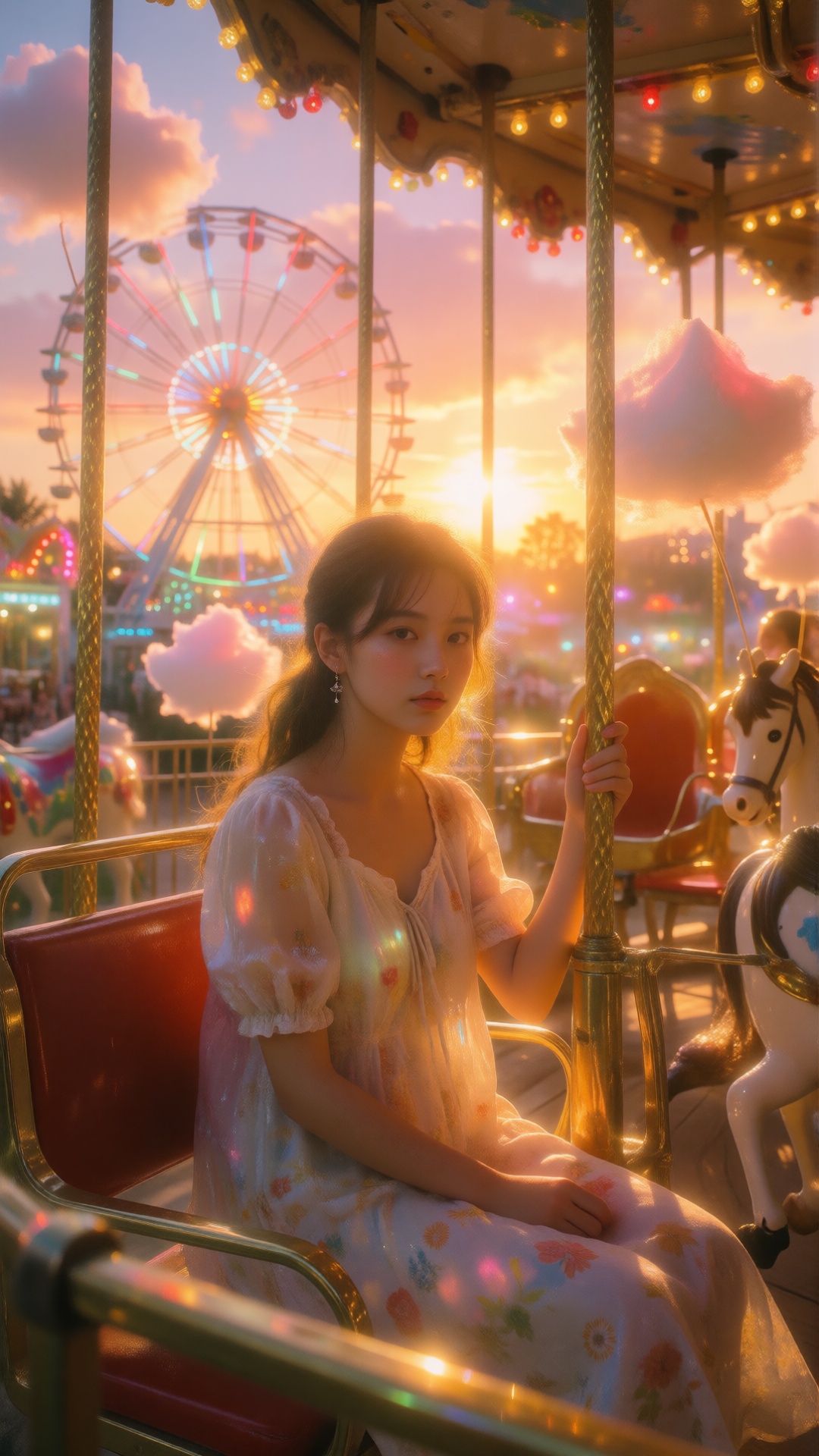 A photorealistic Asian woman on an empty amusement park carousel at sunset,  dreamcore soft focus aesthetic,  warm amber a...