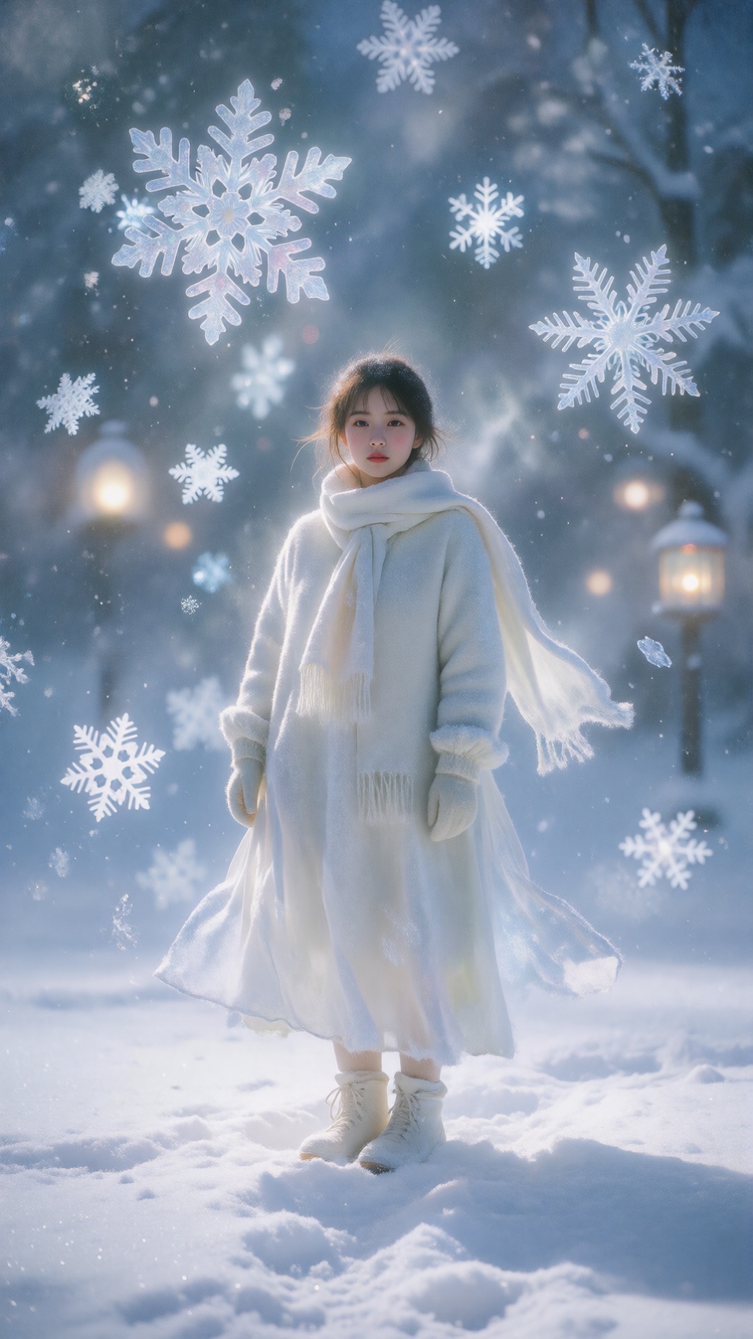 A realistic Korean woman standing in a surreal snowfield with giant floating snowflakes,  dreamcore aesthetic,  soft focus...