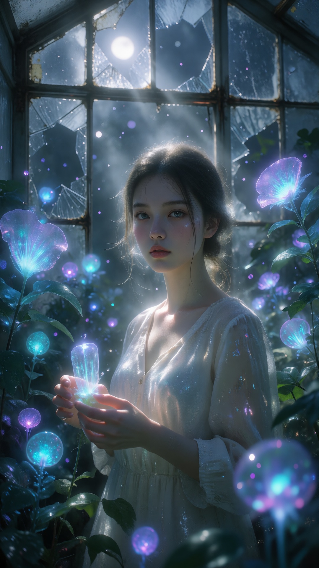 Dreamcore scene of a realistic Asian woman in an abandoned greenhouse at night,  soft focus ethereal glow,  moonlight filt...
