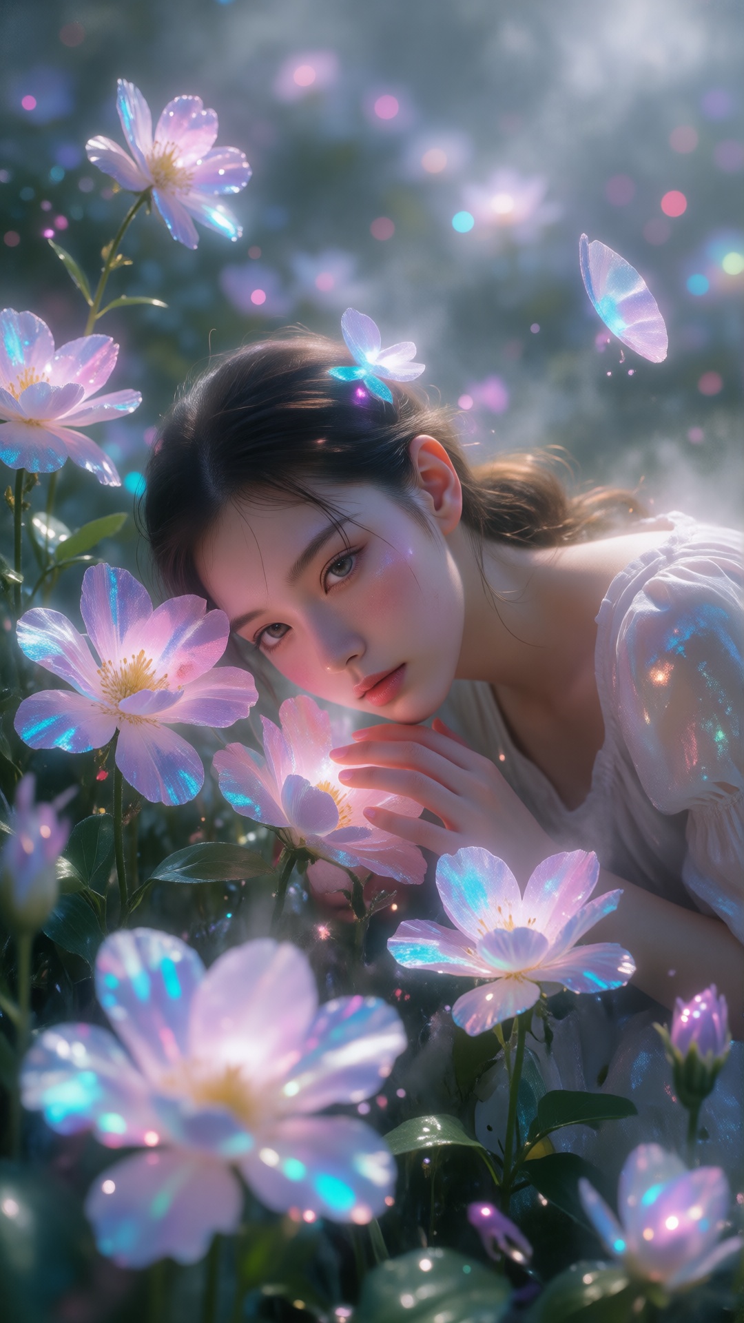 A realistic Asian woman lying in an endless field of glowing flowers,  dreamcore aesthetic,  soft focus dreamy haze on Ten...