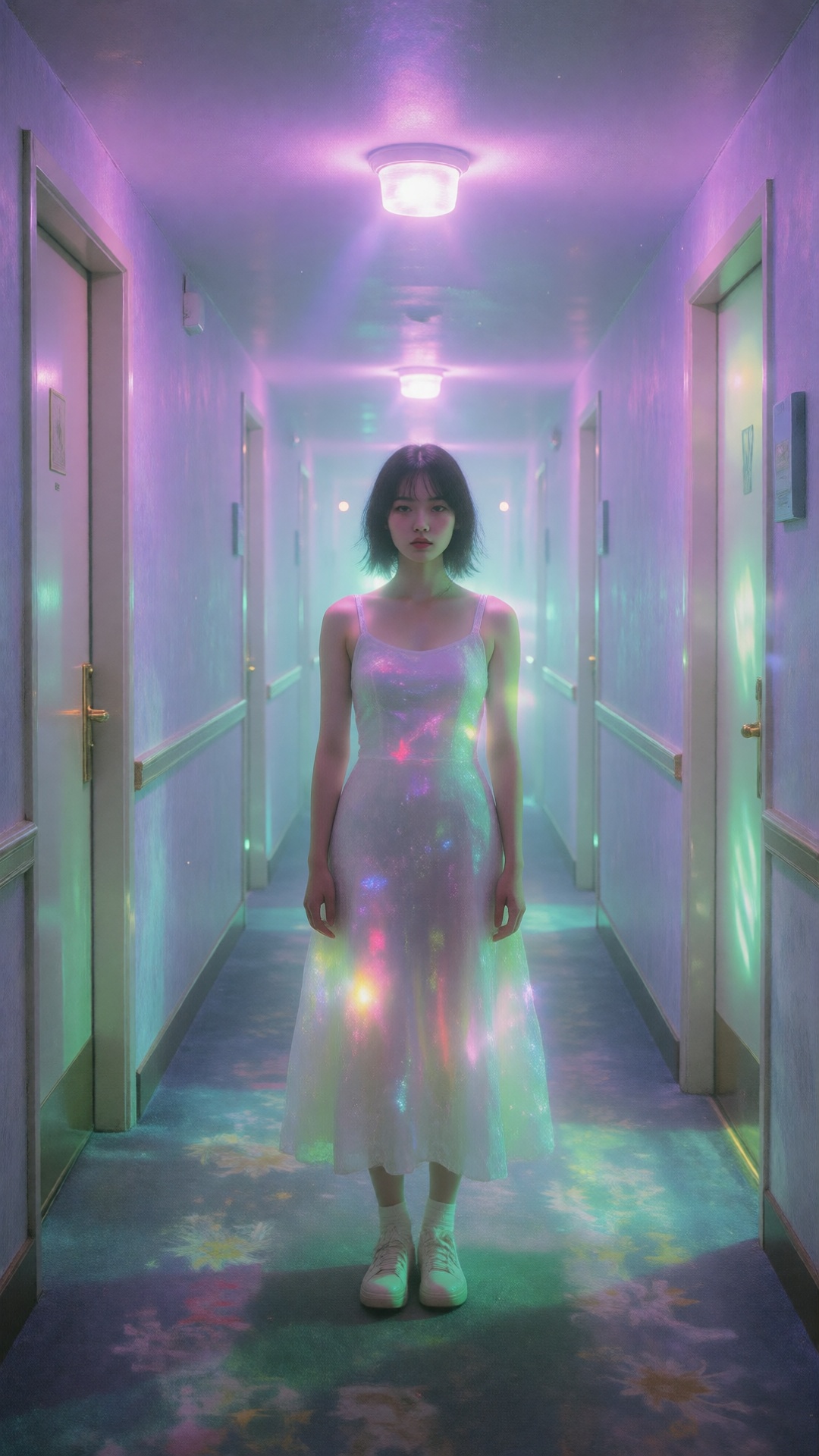 A realistic Asian woman standing in an endless hotel corridor,  dreamcore aesthetic with soft focus neon glow,  pastel pur...