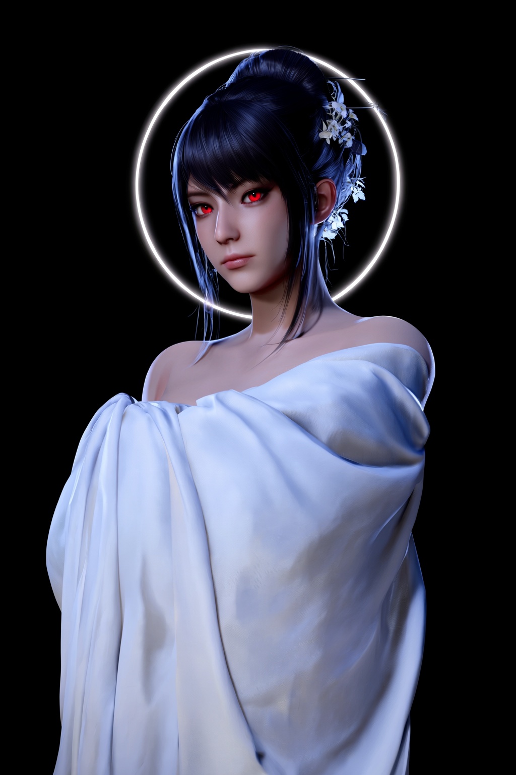 highres,  absurdres,  bg3style A dark-haired young woman with striking red eyes is depicted in a digital anime art style....