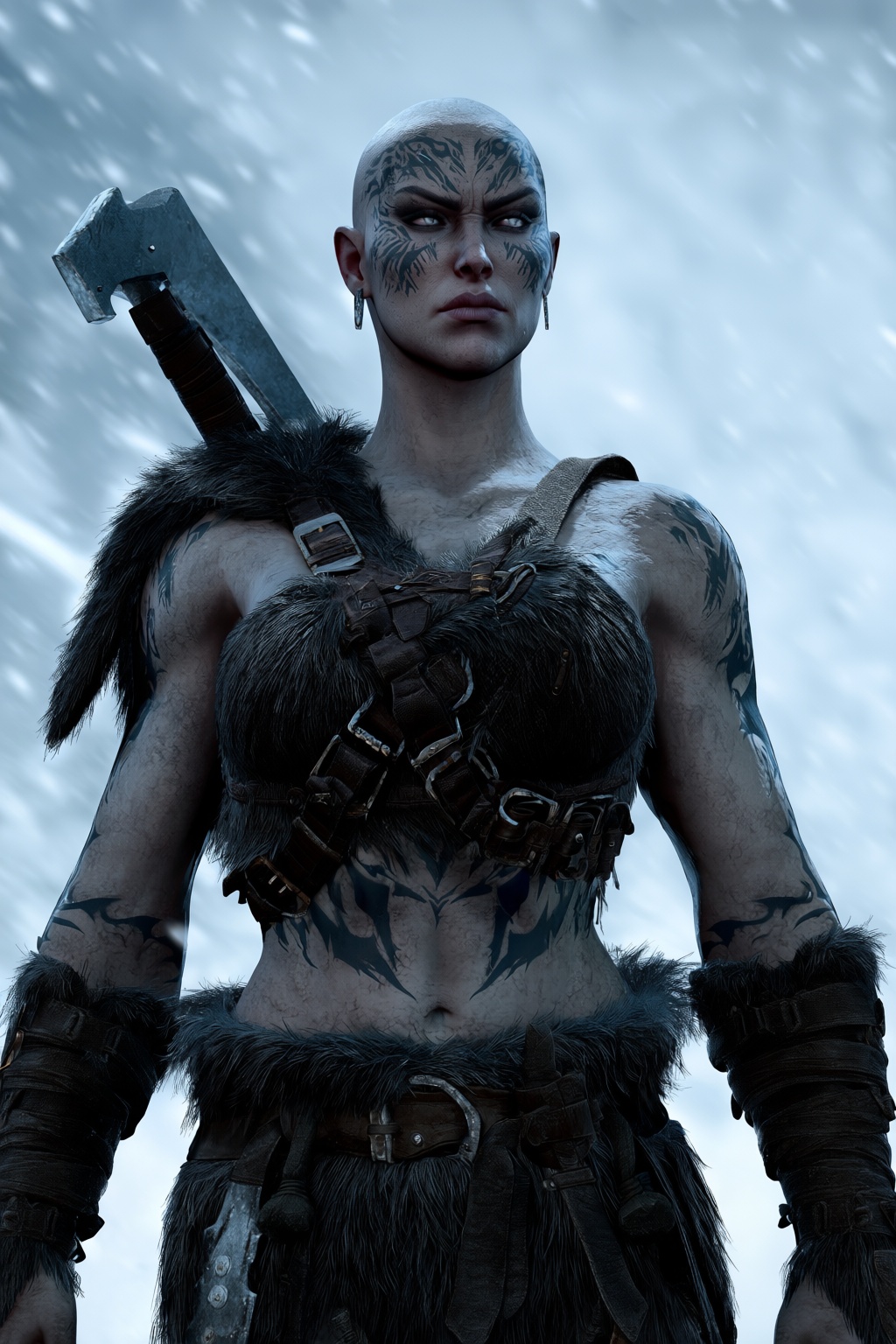 highres,  absurdres,  bg3style A massive female goliath barbarian stands resolute against a howling blizzard. Her skin is...