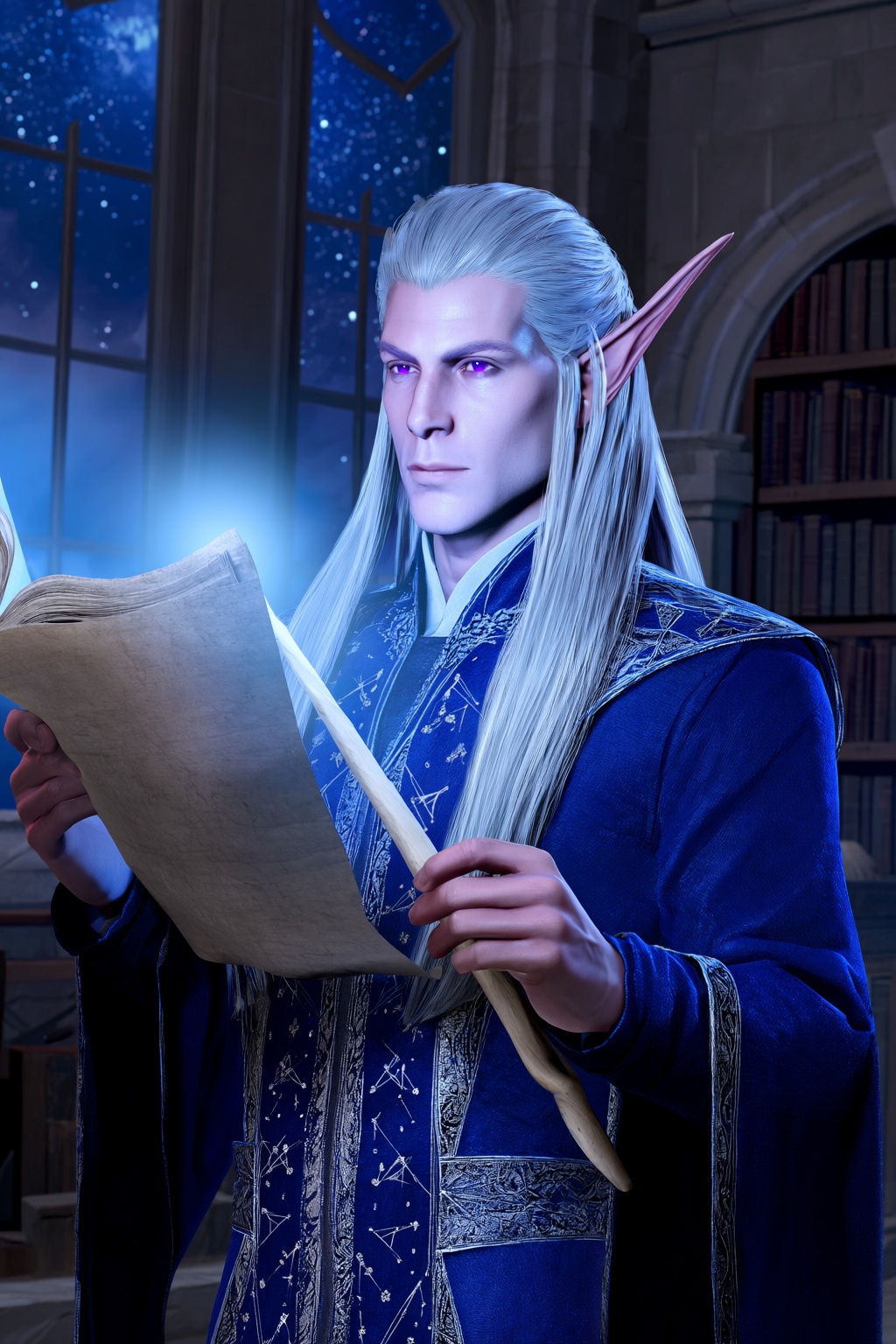 highres,  absurdres,  bg3style A regal male high elf wizard reads from a floating parchment in a high stone tower. His ski...