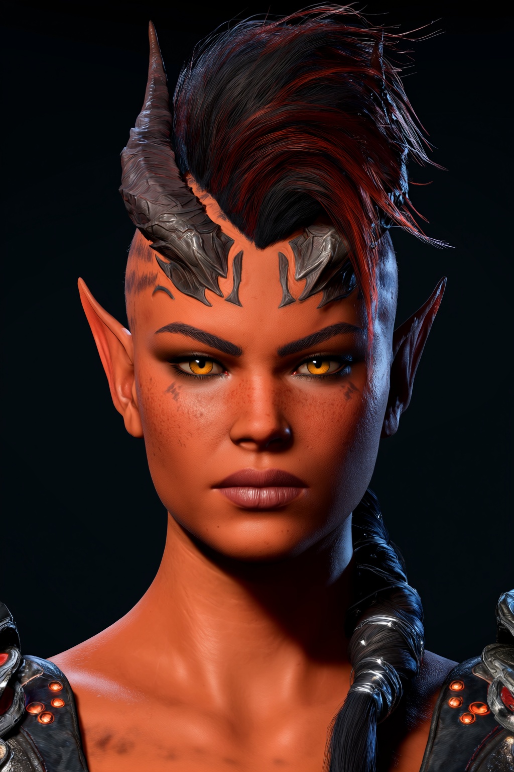 highres,  absurdres,  bg3style A close-up portrait depicts a tiefling woman with reddish-orange skin on Tensor.Art