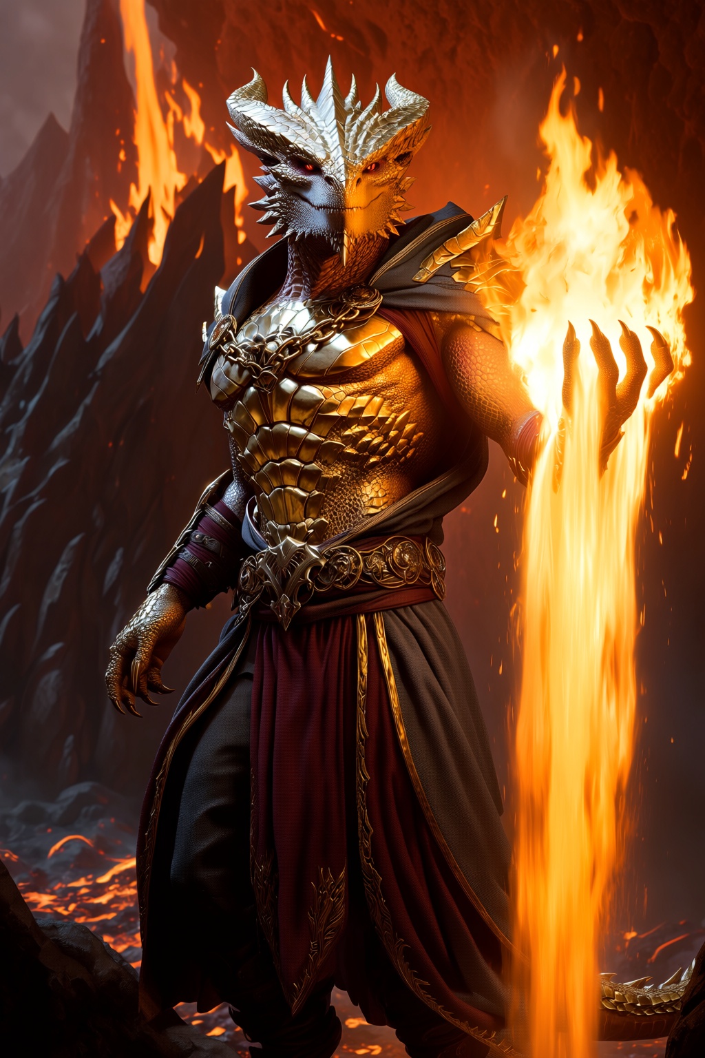 highres,  absurdres,  bg3style A towering male dragonborn with shimmering golden scales commands the center of a volcanic...