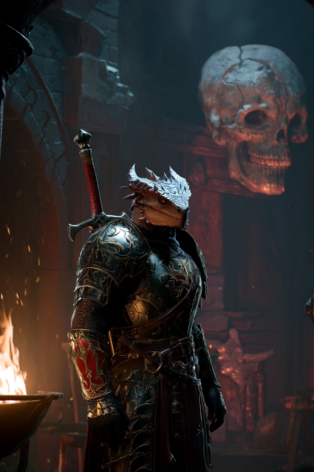 highres,  absurdres,  bg3style A Dragonborn warrior stands prominently in the center of a dimly lit on Tensor.Art