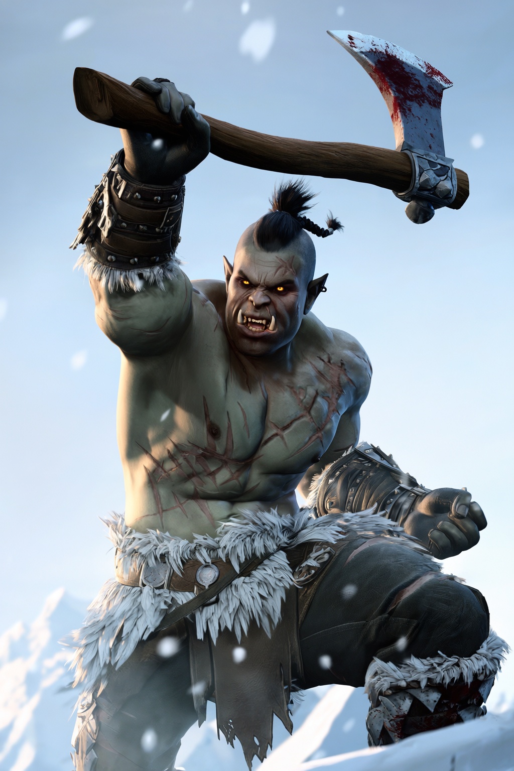 highres,  absurdres,  bg3style A heavily scarred male half-orc lets out a fierce battle cry atop a snowy mountain peak. Hi...