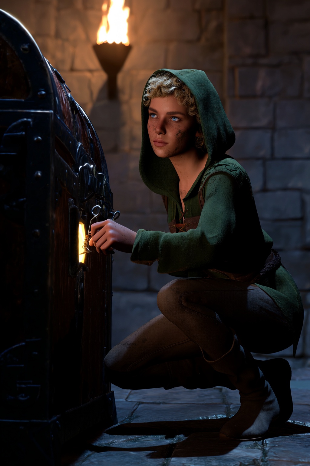 highres,  absurdres,  bg3style A nimble female halfling crouches beside a heavy iron-bound chest in a shadowy on Tensor.Art