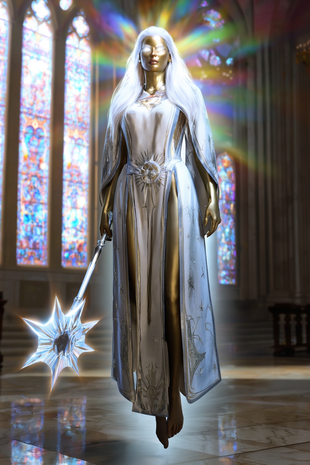 highres,  absurdres,  bg3style A radiant female aasimar floats inches above the polished marble floor of a grand cathedral...