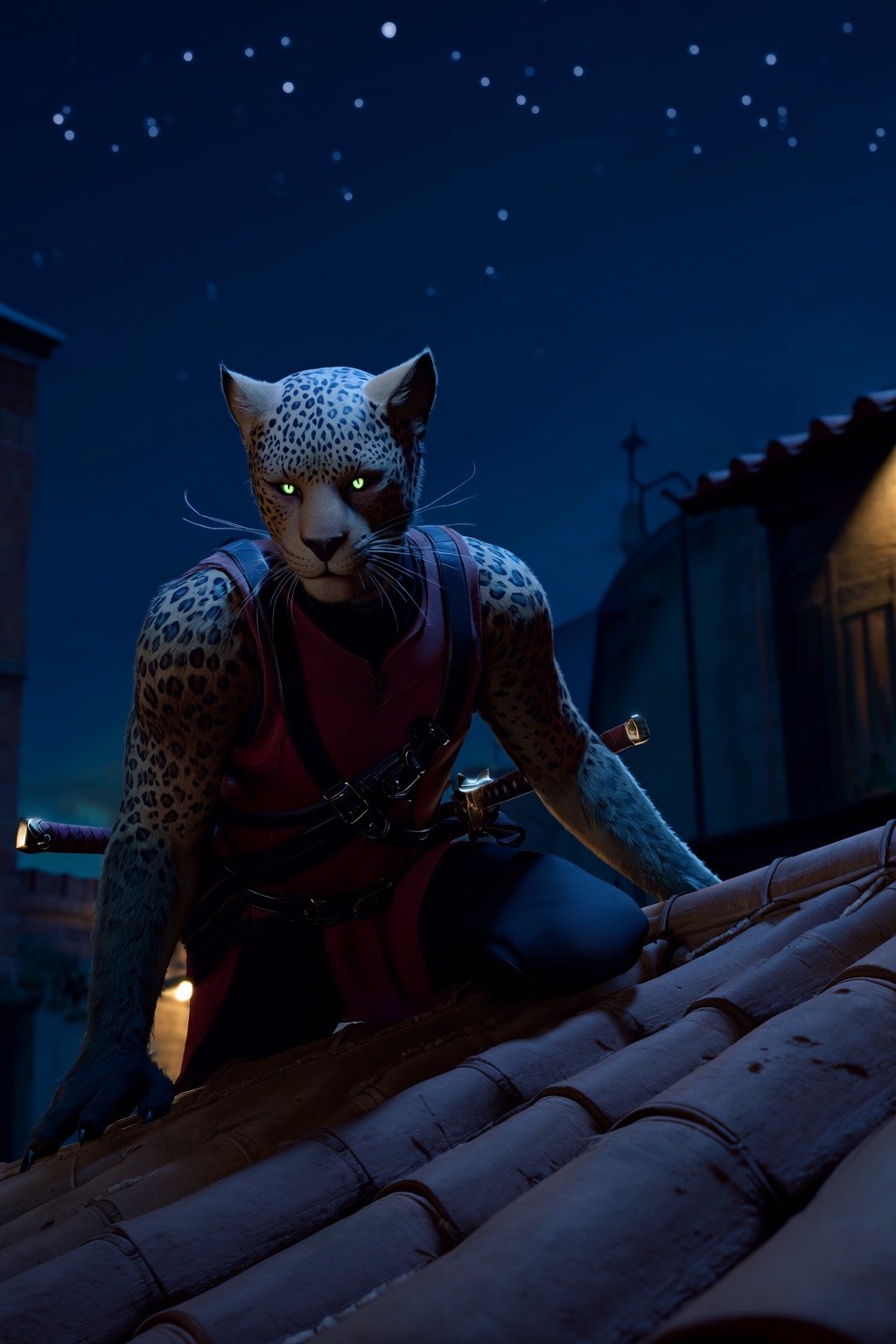 highres,  absurdres,  bg3style A sleek male tabaxi with distinctive jaguar-like rosette spots covers a rooftop under a sta...