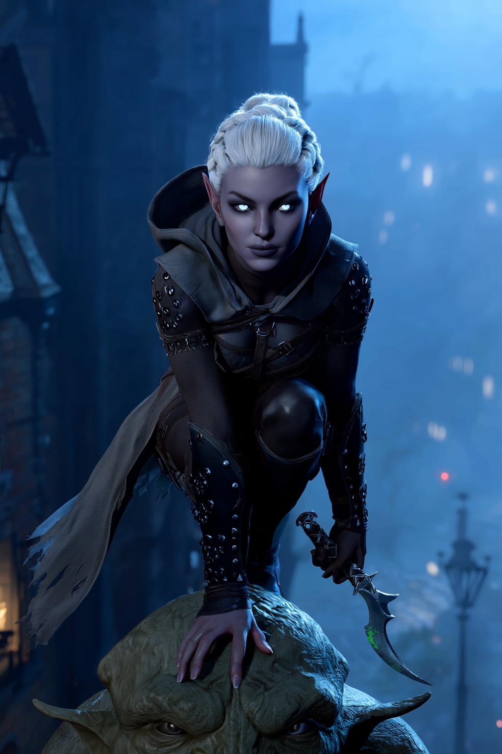 highres,  absurdres,  bg3style A female drow elf crouches on a gargoyle overlooking a fog-covered city street at night. He...