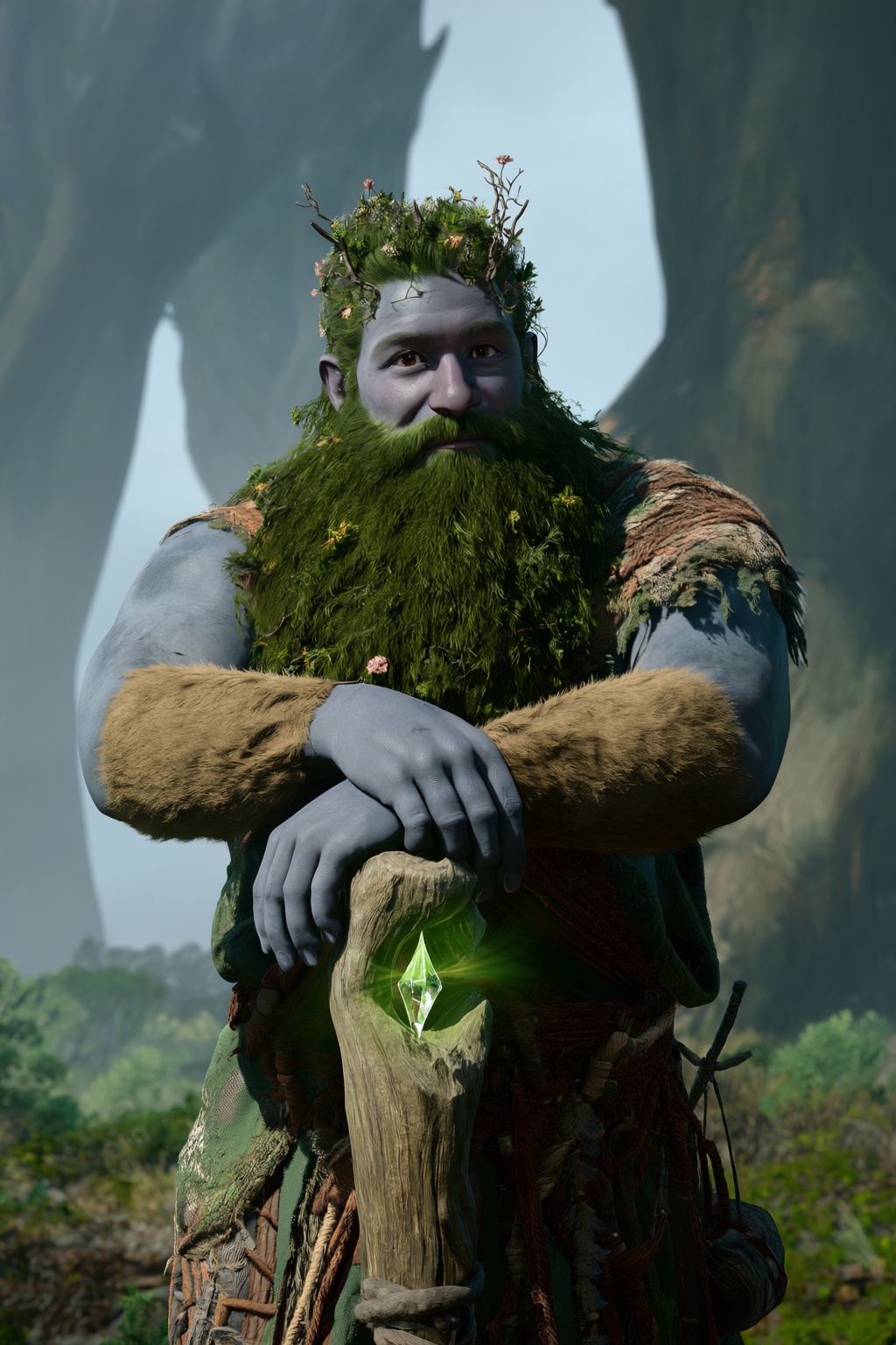 highres,  absurdres,  bg3style A towering male firbolg stands peacefully in an ancient on Tensor.Art