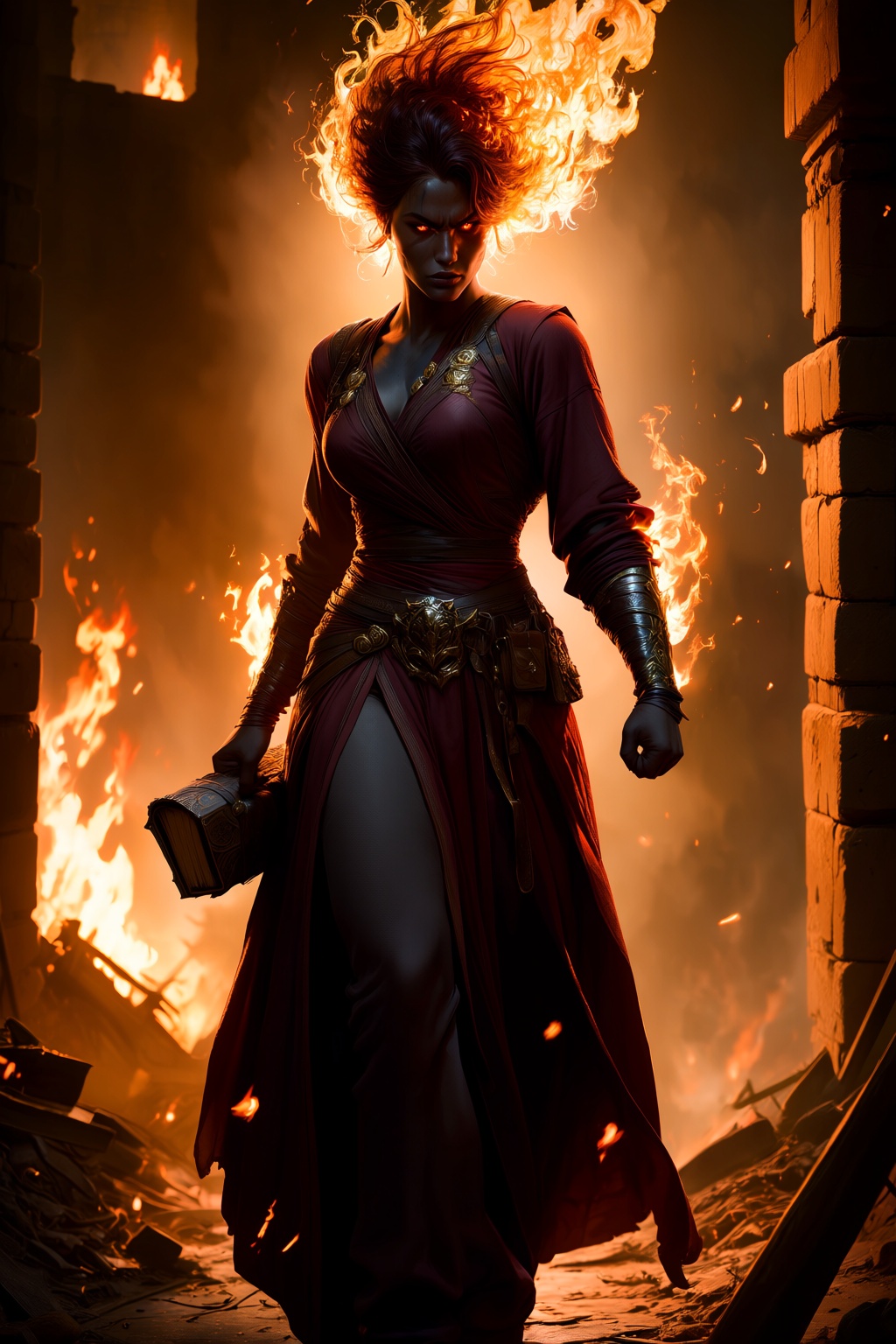 highres,  absurdres,  bg3style A fierce female fire genasi strides through the smoldering ruins of a stone fortress. Her s...