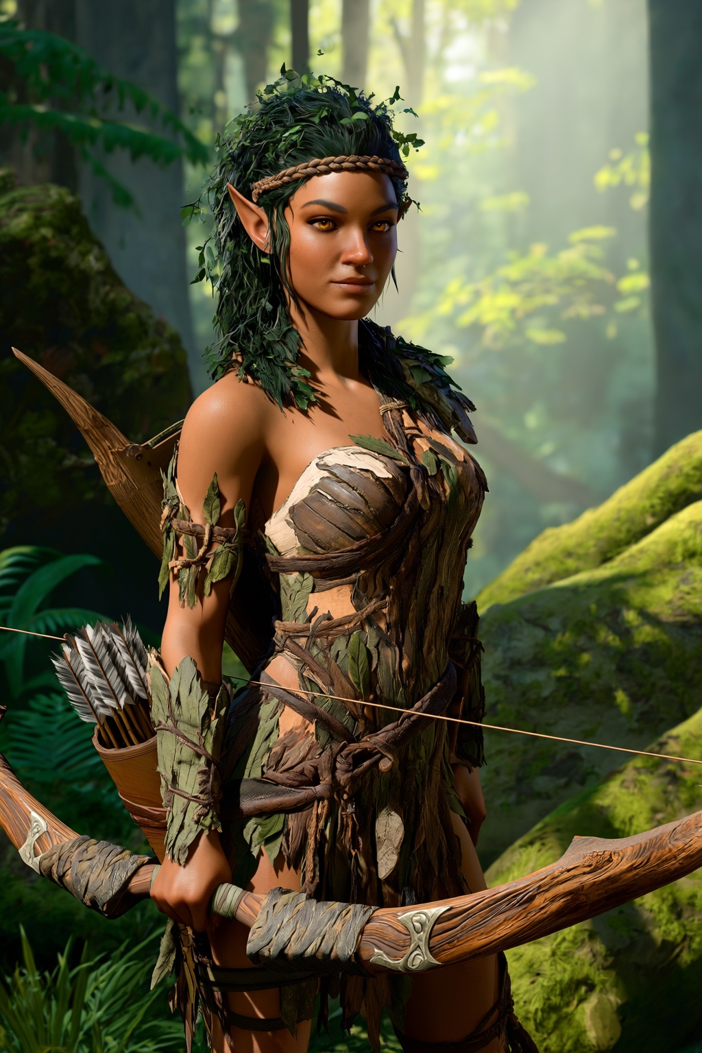 highres,  absurdres,  bg3style A female wood elf stands gracefully in a sun-drenched forest glade. Her complexion is a war...