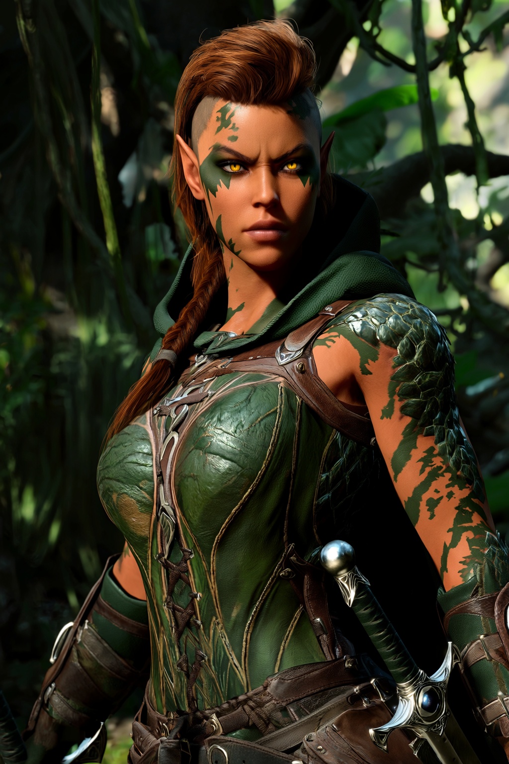 highres,  absurdres,  bg3style A close-up shot captures a fiercely determined female wood elf with tanned skin painted wit...