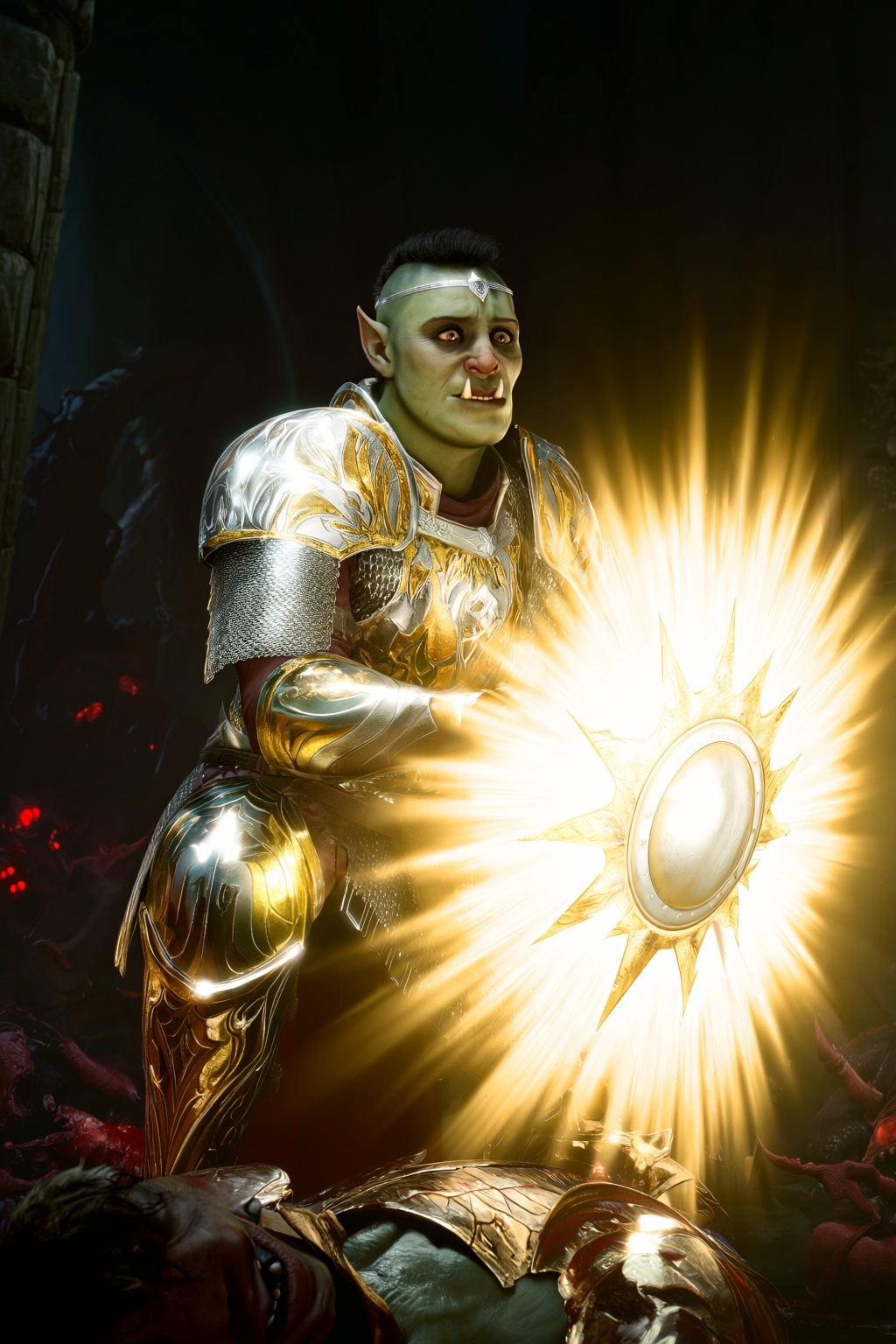 highres,  absurdres,  bg3style A waist-up shot of a noble male half-orc with pale green skin on Tensor.Art