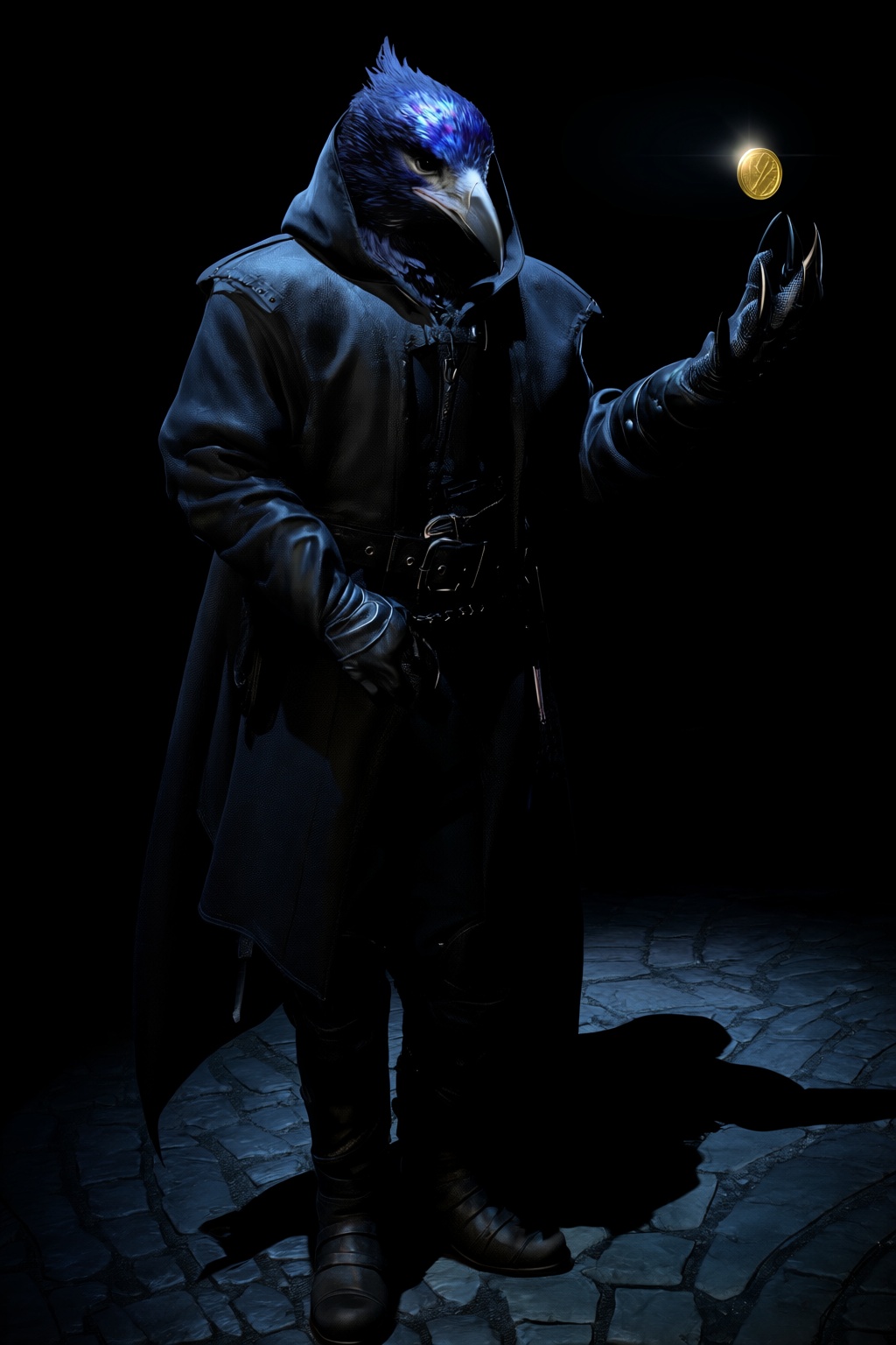 highres,  absurdres,  bg3style A mysterious kenku rogue lurks in the deep shadows of a cobblestone alleyway. The avian hum...