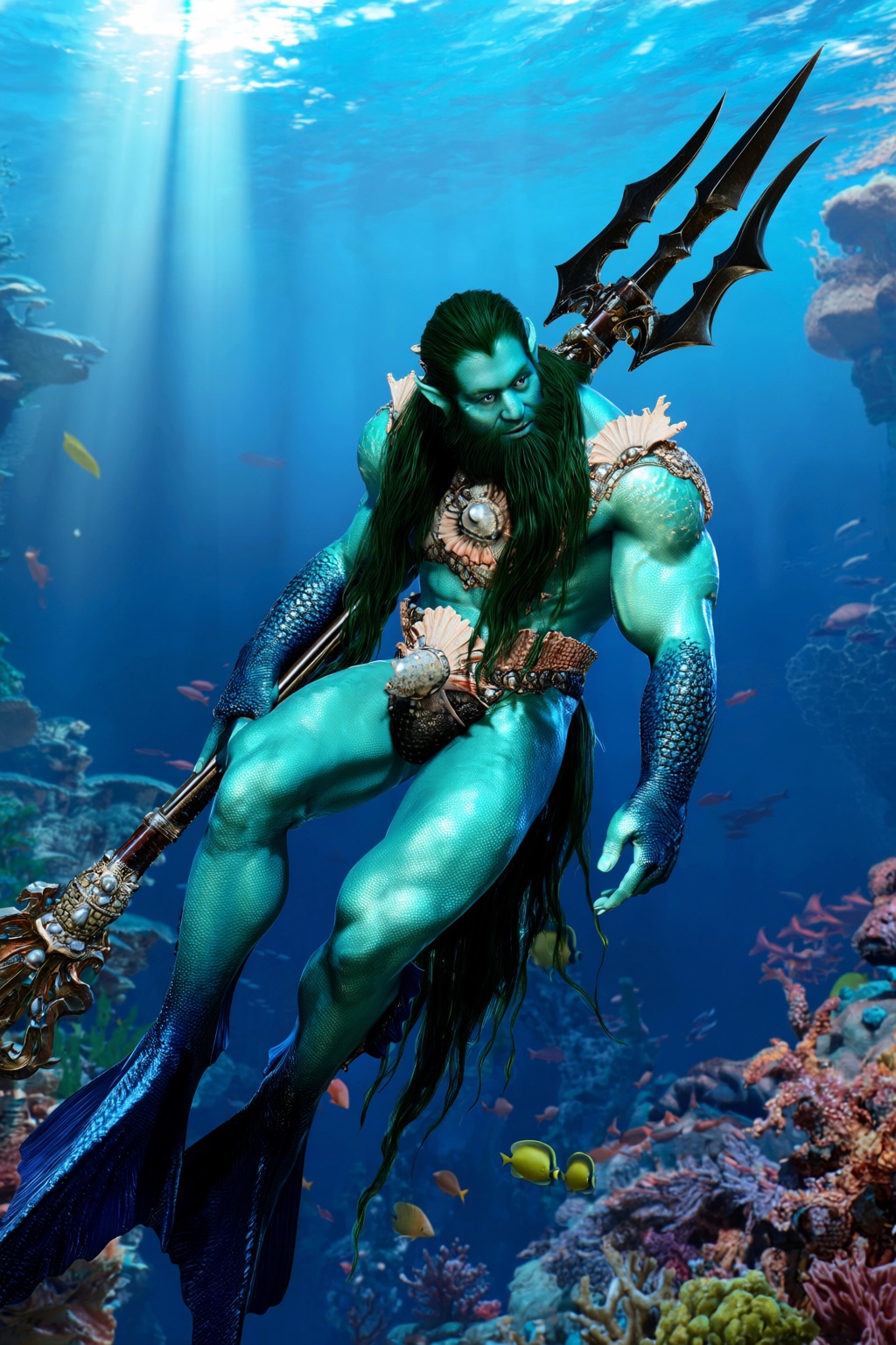 highres,  absurdres,  bg3style A muscular male triton swims confidently through a vibrant on Tensor.Art