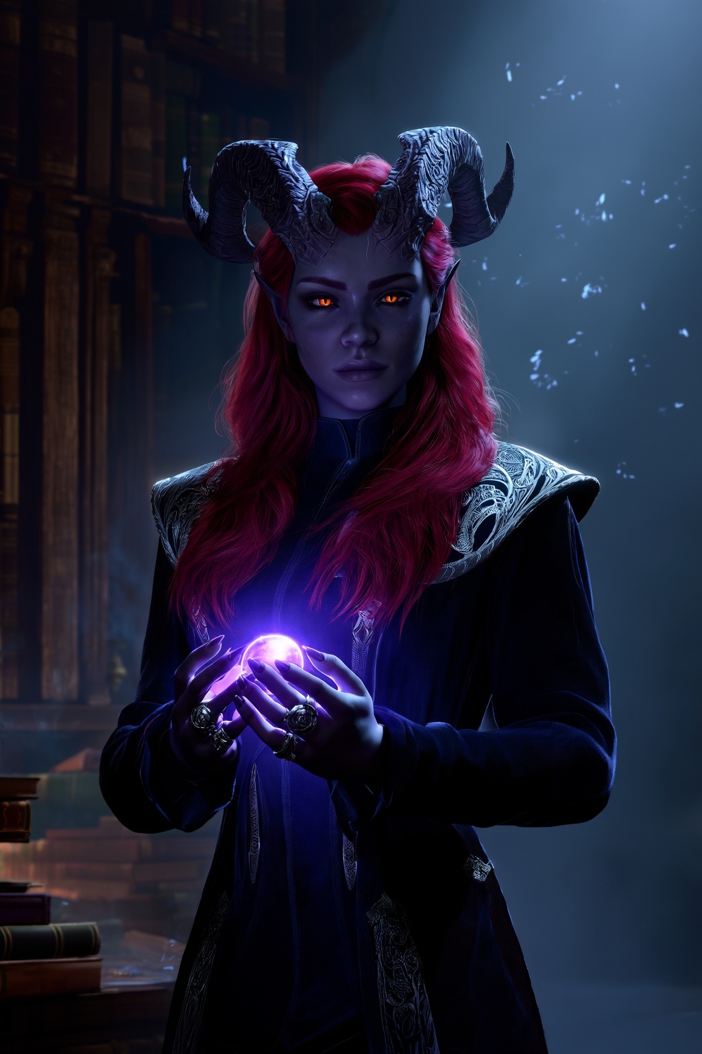 highres,  absurdres,  bg3style A female tiefling with deep indigo skin and curled obsidian horns stands in a dimly lit on...