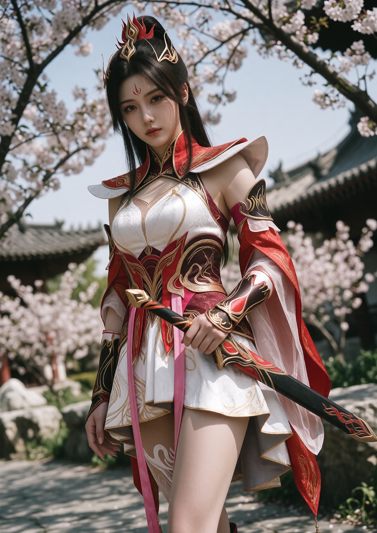 Subject: A Princess with fair skin,  soft facial features,  and a delicate red flame mark on her forehead wears her dark h...