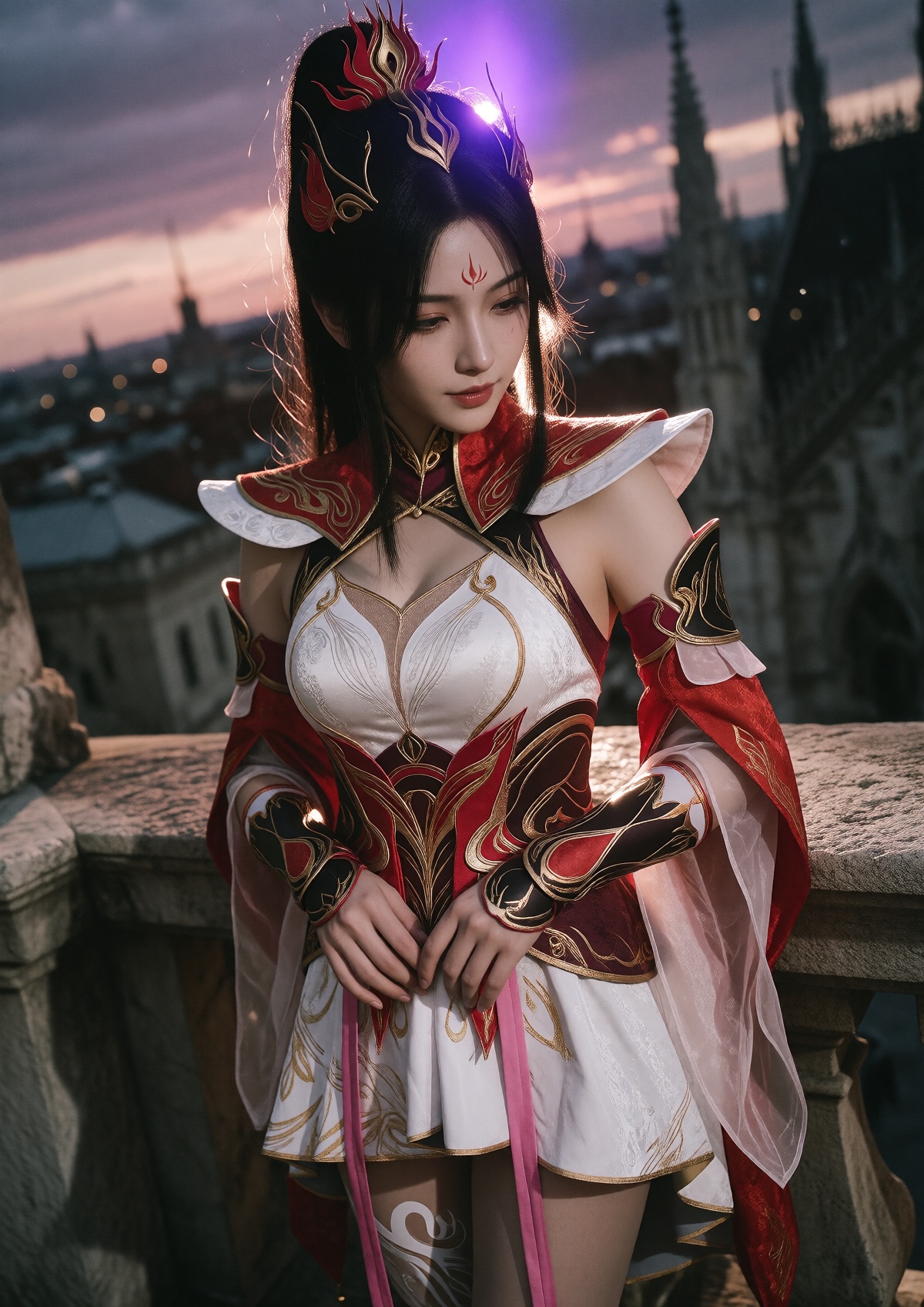 Subject: A Princess with fair skin,  soft facial features,  and a delicate red flame mark on her forehead wears her dark h...
