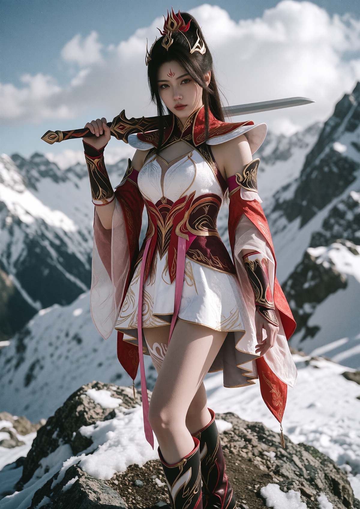 Subject: A Princess with fair skin,  soft facial features,  and a delicate red flame mark on her forehead wears her dark h...