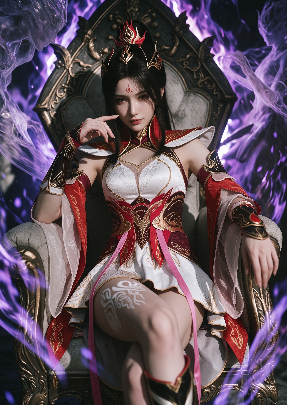Subject: A Princess with fair skin,  soft facial features,  and a delicate red flame mark on her forehead wears her dark h...