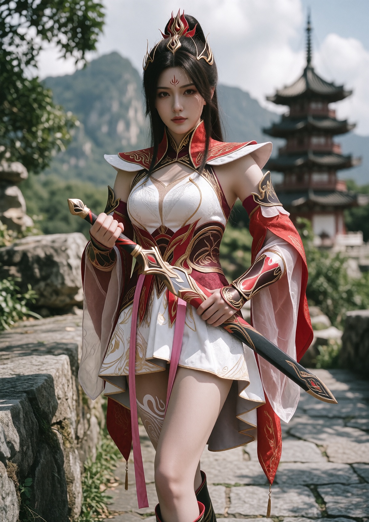 Subject: A Princess with fair skin,  soft facial features,  and a delicate red flame mark on her forehead wears her dark h...