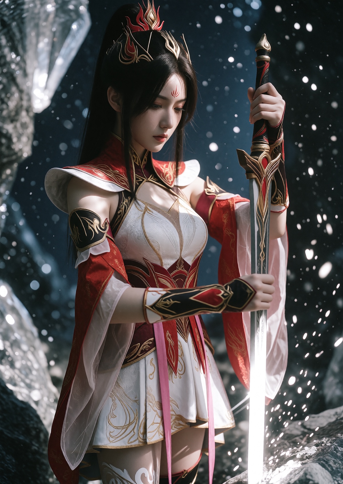 Subject: A Princess with fair skin,  soft facial features,  and a delicate red flame mark on her forehead wears her dark h...