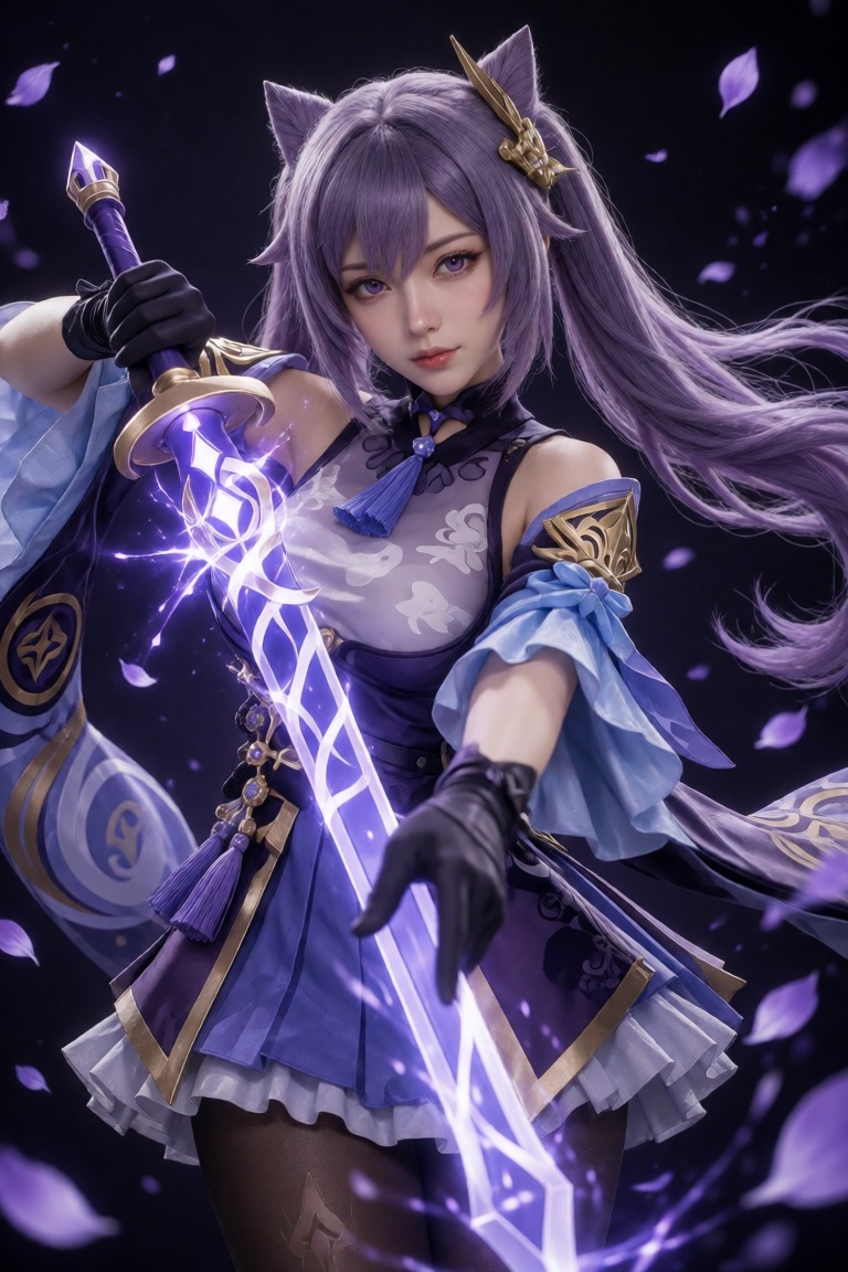 A realistic image of Keqing,  the Cryo Traveler from Genshin Impact,  holding her sword in a glowing state. Purple petals...