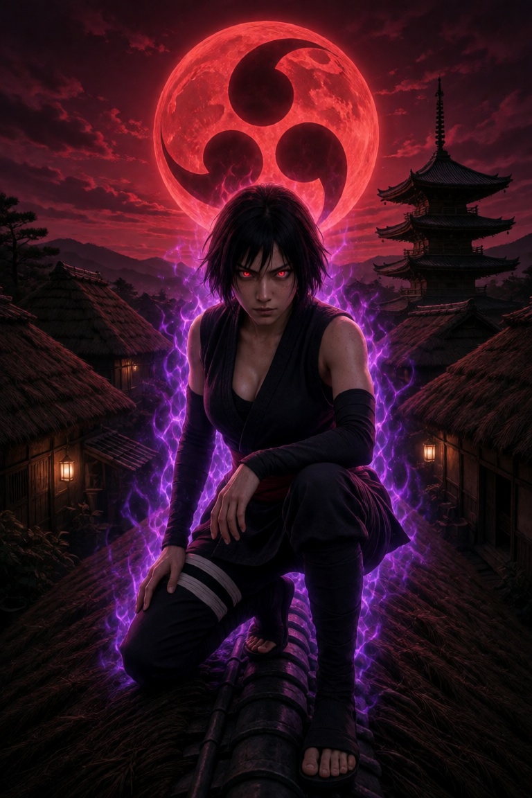 woman,  kneeling on one leg on roof,  kunoichi on Tensor.Art