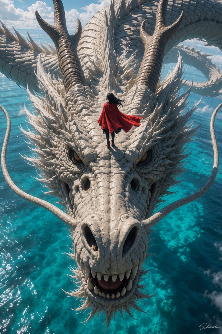 A lone girl,  flowing red cloak,  stands atop a colossal leviathan dragon on Tensor.Art