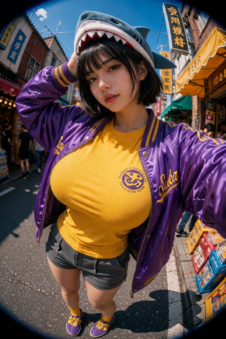 a woman with big breasts. She is wearing a sukajan jacket,  shoes,  and shorts. Her yellow shirt contrasts beautifully wit...