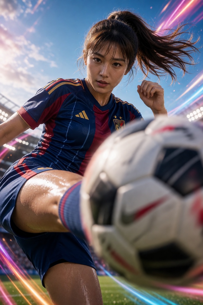A long wide shot capturing a woman in the distance,  facing towards the viewer,  wearing a football jersey. Her medium-len...