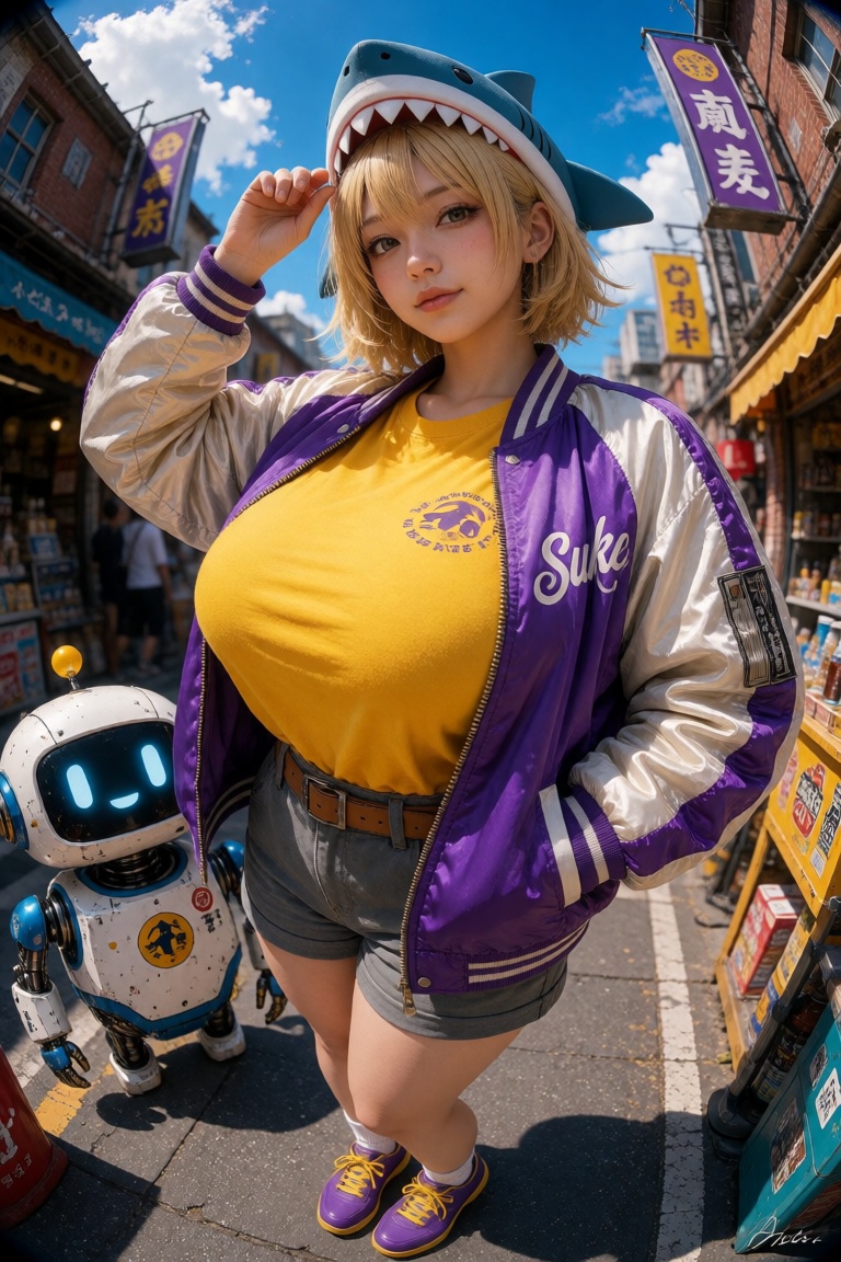 A masterpiece of the best quality featuring a 1girl with big breasts. She is wearing a sukajan jacket,  shoes,  and shorts...