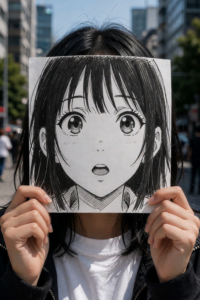 woman with black hair,  holding a paper with an hand-drawn illustration anime face on it. The anime face has big,  curious...