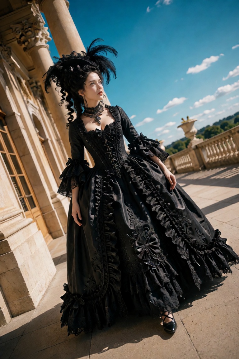 A woman,  dressed as a 18th-century aristocrat in a majestic Gothic Rococo gown,  walks through a grand hallway on Tensor.Art