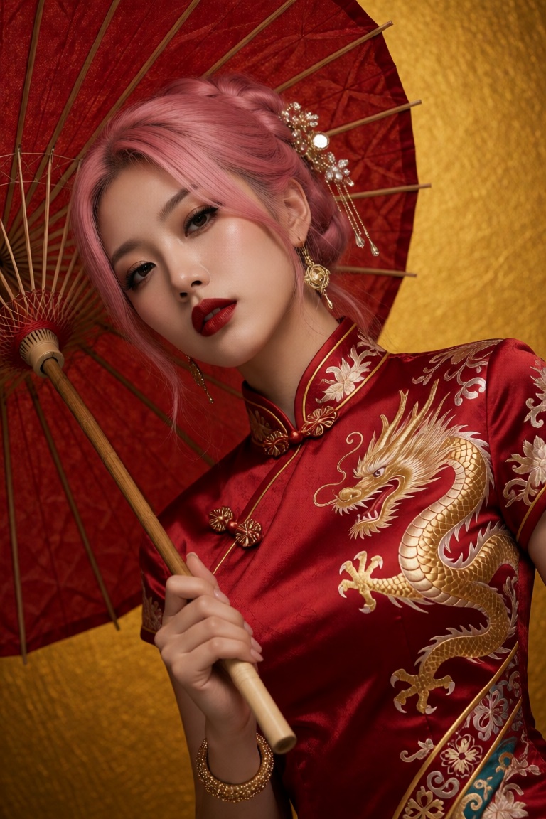 A long close-up portrait of a young Asian woman holding a traditional red paper umbrella. The woman has pink hair styled i...